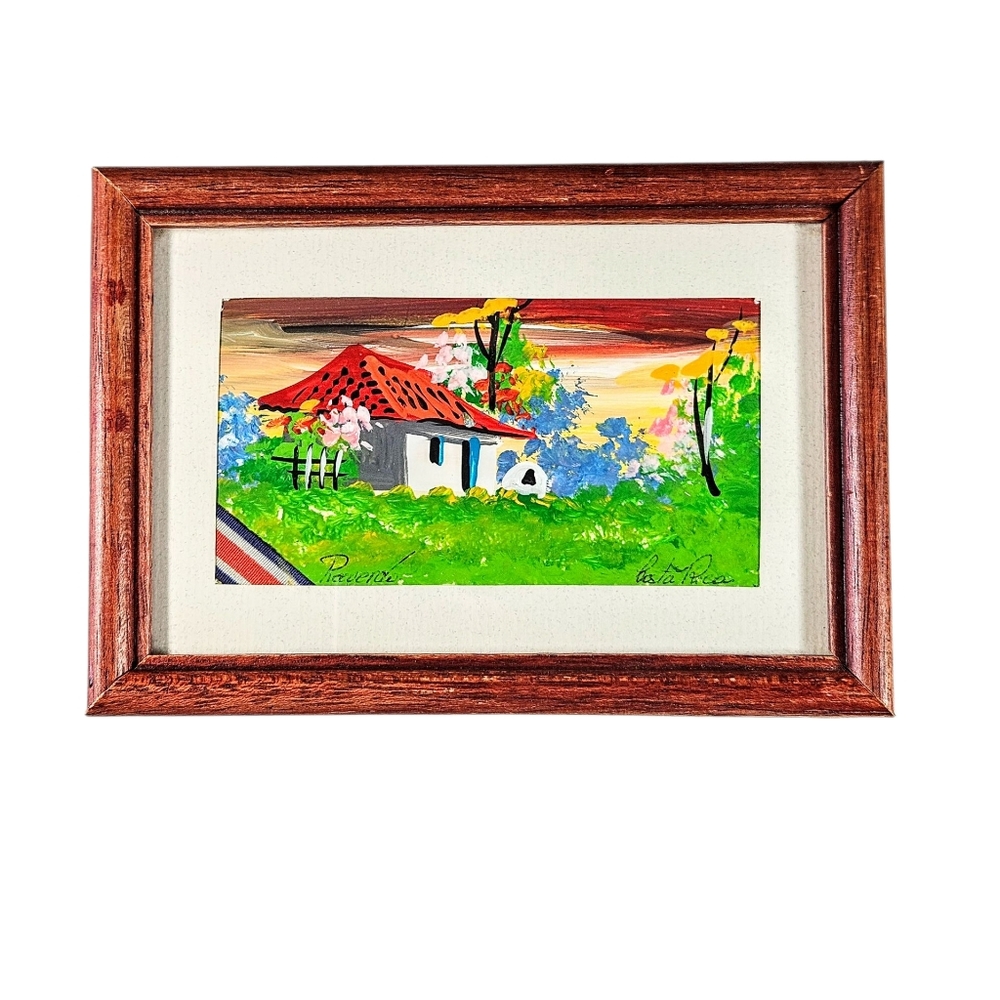 Vintage Signed Costa Rica Oil Painting Framed Under Glass House Landscape 5x7